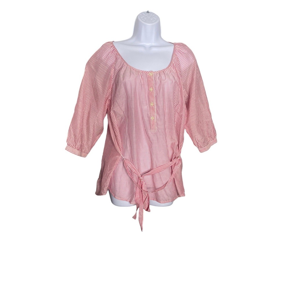 Gap Womens Pink White Striped 3/4 Sleeve Waist Tie Buttons Front Size Medium
